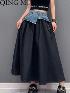 Jupes Qing MO 2024 Été coréen Fashion Casual Piece Single Piece Denim Spliced Halp Jirt Show Slim Loose Black ZXF3083