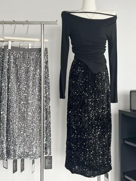 Jupes Qiukichonson paillettes mi longues femmes 2023 automne hiver coréen décontracté taille haute Jag gris noir velours avec doublure