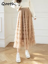 Jupes Qooth automne Style coréen maille gonflé gâteau jupe longue élégant Vintage taille élastique taille haute robe de bal gaze Tulle jupe QT1989 230907