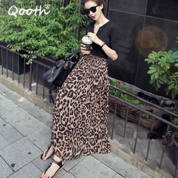Jupes Qooth été automne femmes longue jupe léopard taille élastique en mousseline de soie jupes plissées décontracté Maxi plage imprimé jupe DF650 Z230704