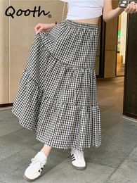 Jupes Qooth Femmes élastiques Taille imprimée jupe à plaid A-Line Elegant Vintage High Long pour le printemps Summer QT2210