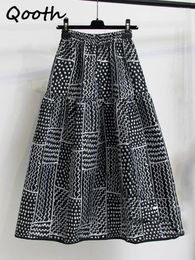 Faldas Qooth Women Vintage 3D Vestido impreso Temperamento de falda de falda Cintura elástica Long A-Line para otoño Invierno QT2259