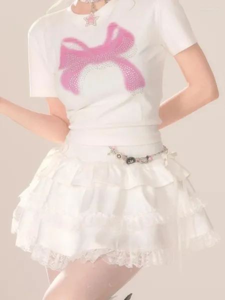 Jupes qweek coquette sexy kawaii gâteau en dentelle volants mini jupe femme preppy style sweet girl fête blanc ange 2024 printemps