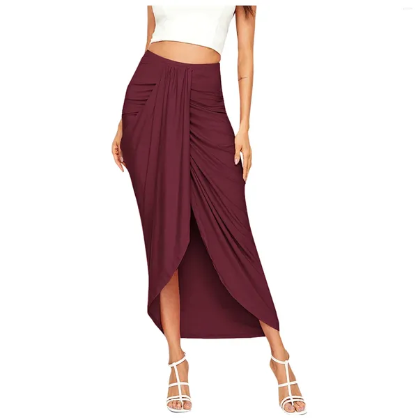 Jupes Qybian Femmes Casual Fente Wrap Asymétrique Élastique Taille Haute Maxi Drapée Jupe