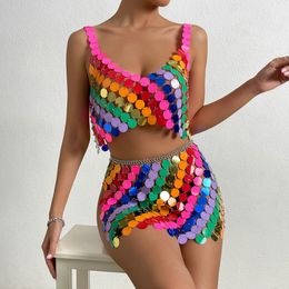 Rokken Rainbow Sequin Disc Cami Top Handgemaakte Squamous Glitter Pailletten Patchwork Strappy Nightclub Party Rok en Halter Top 230717