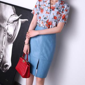 Rokken echte echte lederen rok hoge taille vrouwen Koreaans bodycon kantoor dame feest sexy schapenvacht kleding koffie rode midi