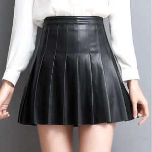 Jupes en cuir véritable jupe femmes automne hiver court plissé Style coréen coupe ajustée taille haute à volants noir 231023