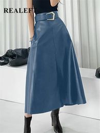 Faldas REALEFT Faldas largas clásicas de piel sintética de PU con cinturón de cintura alta faldas de paraguas de moda para mujer Otoño Invierno 231013