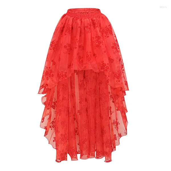Jupes motif Floral rouge asymétrique maille Vintage femmes longue jupe Steampunk victorienne grande taille vêtements gothiques tenue de fête