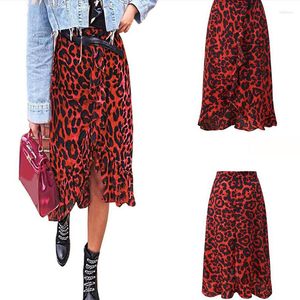 Faldas con estampado de leopardo rojo para mujer, falda dividida de cintura alta, asimétrica, irregular, con volantes, informal, para oficina