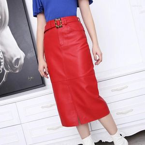 Jupes Rouge Longue Jupe Crayon En Cuir Pour Femmes Harajuku Style Femelle Taille Haute Léopard Ceinture Wrap Jupe Mujer Fente 70 cm Sexy Faldas