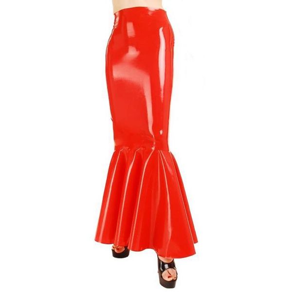 Jupes rouges sexy longues en latex sans fermeture éclair, bas en caoutchouc, DQ-0068