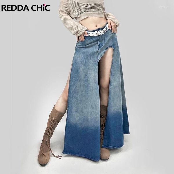 Jupes Reddachic taille haute fendue cuisse femmes jupe en jean jambes ouvertes maxi longue jean plancher décontracté bleu uni été acubi mode