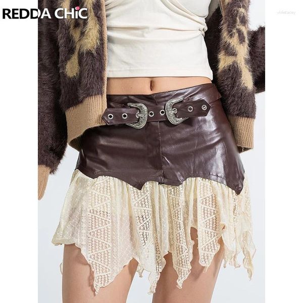 Jupes Reddachic Ruffle Ruffle Lace Splice en cuir Jupe Femme Brown Retro Low A-Line Belted Mini Steampunk Y2K Vêtements