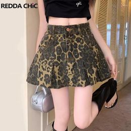 Jupes reddachic léopard imprimé plissée mini jupe femme vintage lavage a-ligne haute taille denim été y2k grayu streetwear