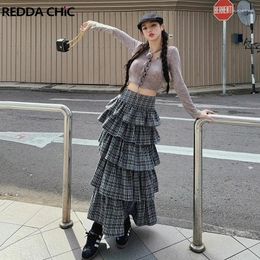 Joupes Reddachic Low Rise Tartan Long Jupe Femmes Grey Plaid Ruffle Tiered Kawaii Lolita Gothic Puffy Cake Y2k Vintage Vintage