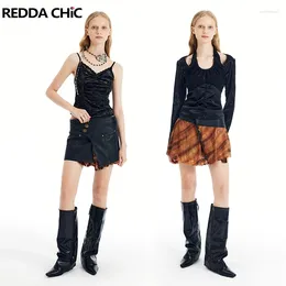 Faldas REDDACHiC Minifalda de cuero negra reversible para mujer Puntada asimétrica Tiro bajo Una línea de pantalones cortos Retro Y2k Ropa Steampunk