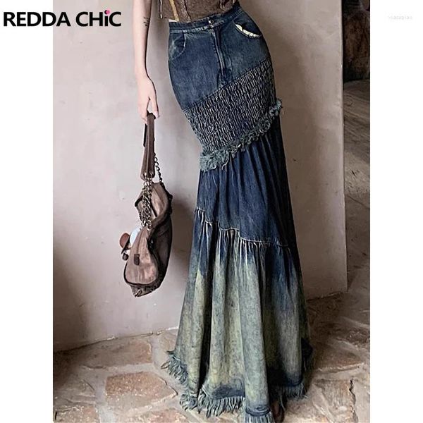 Faldas Reddachic Tall Girl Fishtail Denim Maxi Falda Y2K Vintage Blue MAILLARD STITCE Long Jeans Women Streetwear