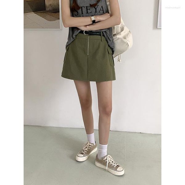 Faldas Retro verde militar falda de media longitud para mujer moda de verano coreana cintura alta A-line Wrap nalgas Slim Short Cargo