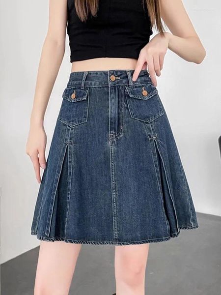 Jupes Retro Blue Denim Pliped Jirt for Women 2024 Summer Preppy Style High Waist A-Line Mini Skort Girl Short Jean