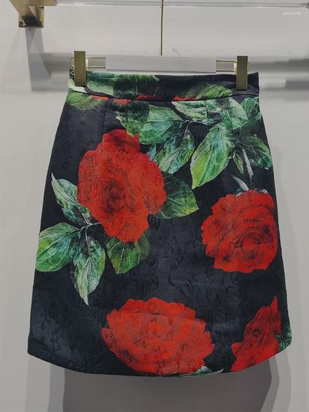 Jupes Retro Classic Designer Socialite Temperament Luxury Rose Print Dark Jacquard Bag Hip Skirt Va Voom