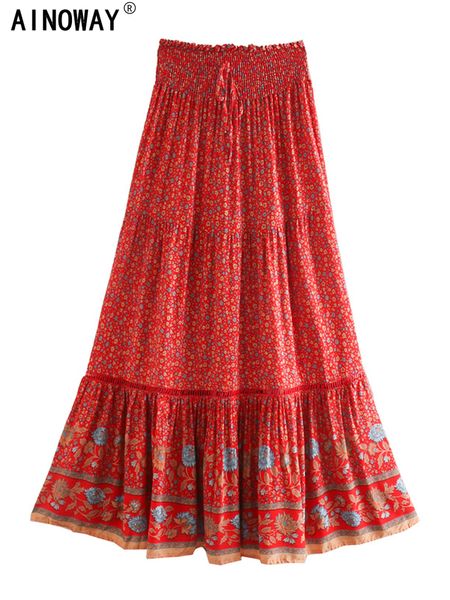 Jupes Mode rétro femme fleur rouge imprimé plage bohème cuir plissé soie artificielle coton taille haute bohème Maxi cuir femme 230410