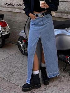 Rokken retro hoge taille denim rok vrouwen sexy tassel spleet wrap hip Koreaanse mode lang voor y2k streetwear Jean