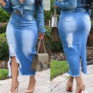 Jupes rétro trous femme style européen moulante denim longueur mollet grande taille