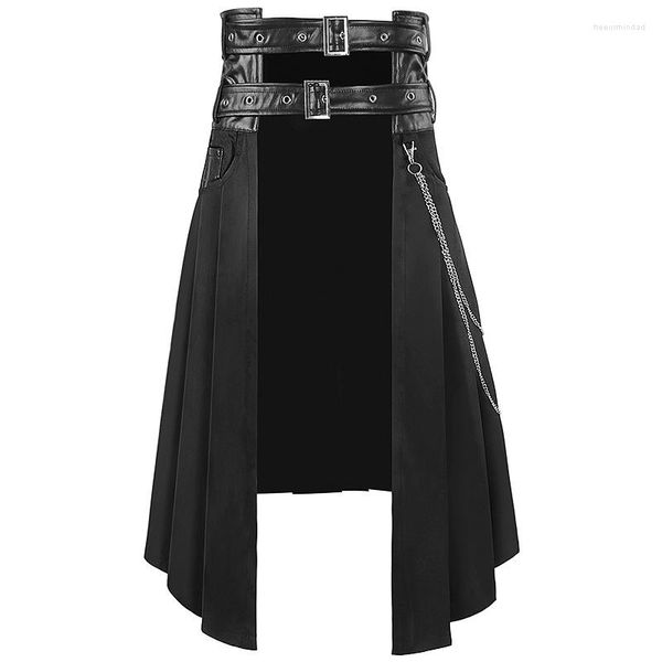 Faldas Retro escocesa Kilt Deluxe tartán Pu cuero media falda mujeres hombres gótico Medieval Guerrero Caballero cadenas ropa de Halloween