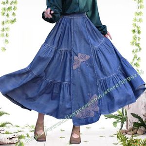 Faldas Retro Falda delgada Pastel elegante 2024 Primavera Mariposa Bordado Estilo étnico Plisado Denim Largo Mujer Maxi