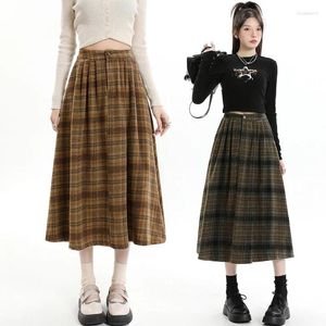 Jupes rétro jupe à carreaux en laine pour femmes 2023 mode élastique taille haute midi femme style preppy a-ligne plissée longue faldas