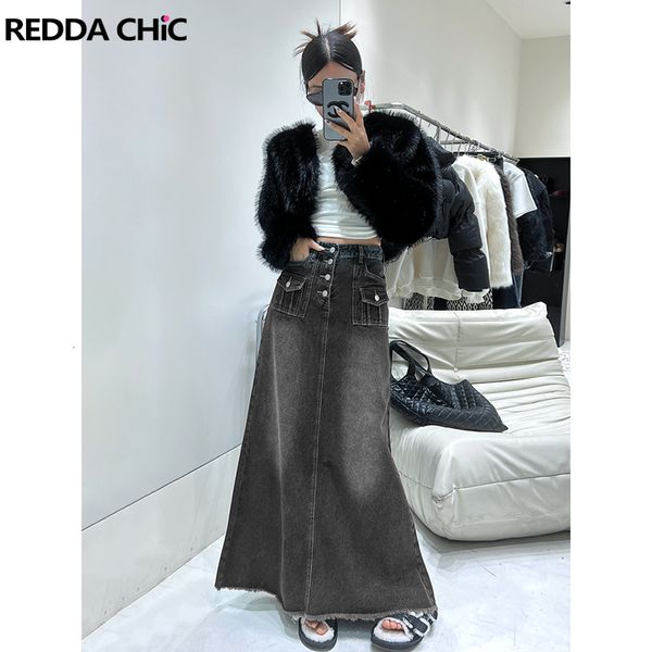 Faldas Rok Denim Wanita Panjang Maxi Abu abu Retro Reddakic Jeans Biru Putih Kancing Ramah Anak Perempuan Tinggi Moda Acubi Vintage 90S 230515