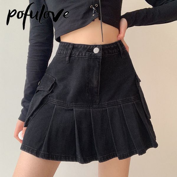 Faldas Rok Mini Jeans Lipat Denim Goth dengan Saku Besar Wanita Anak Perempuan Musim Panas Punk Y2K Hitam Faldas Pinggang Tinggi Mode Korea 230510