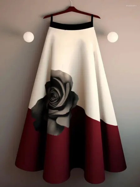 Jupes Rose Impression vintage plissée pour femmes Taunique haute taille tempérament floral Jupe faldas mujer mode grosse jupe longue swing