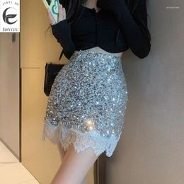 Jupes Royal Soeur fan de Mingyuan's Temperament Spicy Girl Sequin Lace High Woon Femme Xian Slim A-Line Emballage Hip Short Jupe