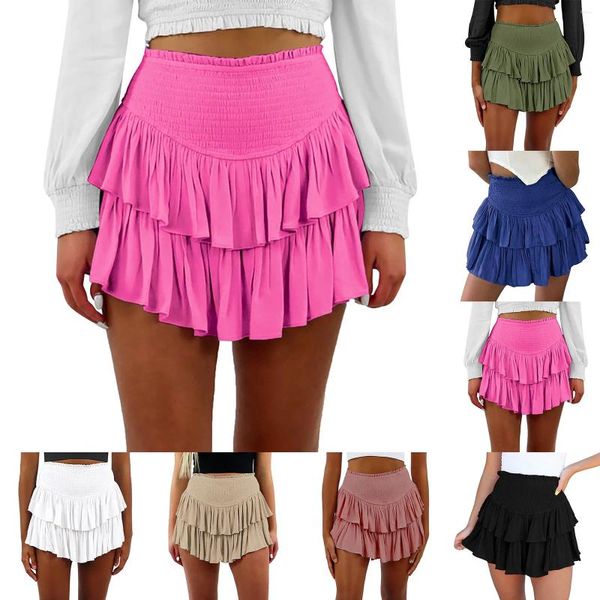 Faldas Mini falda de baile con volantes para mujer Cintura alta Doble capa Color sólido Rendimiento Falda interior Elástica Chicas plisadas