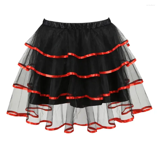 Jupes Volants Couches Corset Adulte Ruban Garniture Noir Organza Punk Tutu Jupe Femmes Cosplay Costume Plus Taille Mode Sexy Rouge