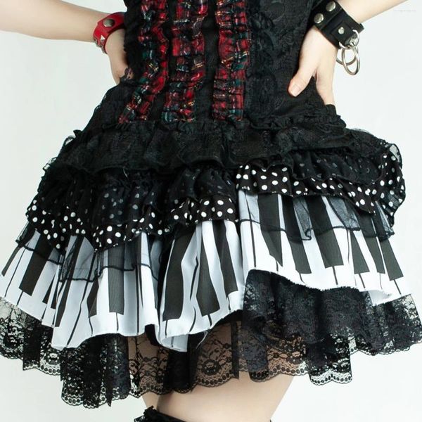 Jupes Ruibbit Gothic Harajuku Girl Cake Noir Blanc Piano Clavier Rock Doux Punk Japonais Dentelle Plaid Mini Court