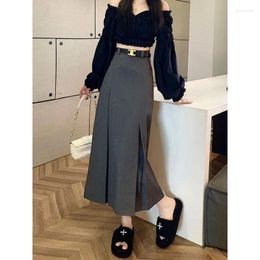 Faldas S-3XL recta largo irregular plisado traje falda mujer otoño coreano cintura alta negro midi femenino gris preppy streetwear