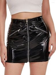 Rokken S-4XL Glanzend PU-leer Kokerrok Wetlook PVC Micro Mini Skrits Rits Hoge taille Faldas Panty Pakket Hip Minifalda