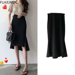 Rokken s Design Chic Korea Fashion Women Office Lady Solid Black Iregular High Taille Tunic Long Split Slit Pencil Skirts 230404