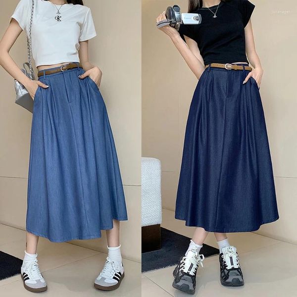 Jupes S-xl 2Colors Summer Long Denims Jupe 2024 Korean Style High Taist Ball Grown A Line Midi Jean Belt (L7117