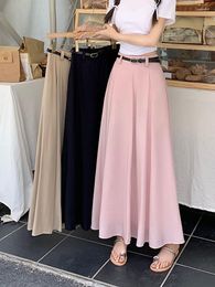 Faldas S-XL 3 colores mujer bola cultivada delgada falda larga verano 2023 estilo coreano cintura alta una línea plisada cinturón femenino (L5120