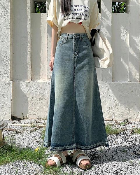 Jupes S-XL Une ligne longue jupe en jean 2024 style coréen taille haute vintage gland midi jeans femmes (l2990