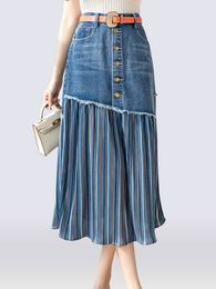Jupes S5XL Patchwork plissé jean jupe taille haute déchiré Vintage élégant coréen mode Denim grande taille KS10294 230317
