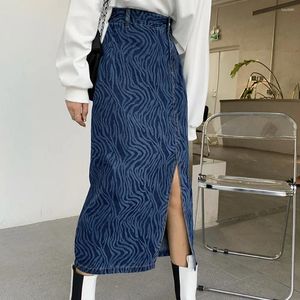 Rokken SABINAX Zebraprint Vintage Denim Lange Rok Casual High Street Style A-lijn Halflange 2023 Zomer Lente Dameskleding