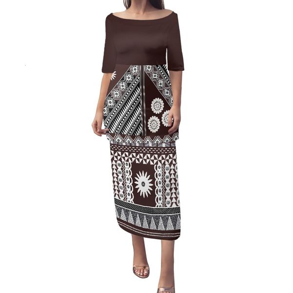Jupes Samoan Puletasi Vêtements Tribaux Polynésiens Marron Blanc Fijian Tongan Fleur Imprimer Robe Personnalisée Ensembles Femmes Deux Pièces Hors Épaule 230306
