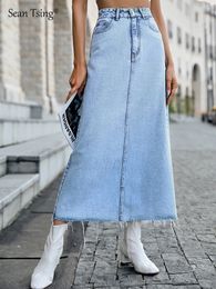 Jupes Sean Tsing Mode Taille Haute Denim Femmes Solide Bleu Lavé Cowboys Midi Jupe Casual Jupes Vintage Faldas 230303