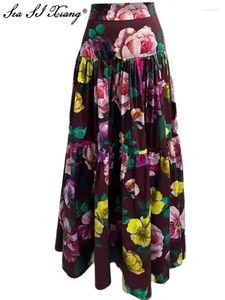 Skirts SEADEIXIANG Fashion Designer Spring Summer Coton Jupe Femmes High Wiste Rose Floral Imprimé vintage Party Sicile Long