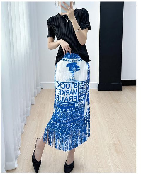 Jupes VENTE Miyake Fold Fashion Print Letters Straight Nimble Fringe Blue Skirt EN STOCK